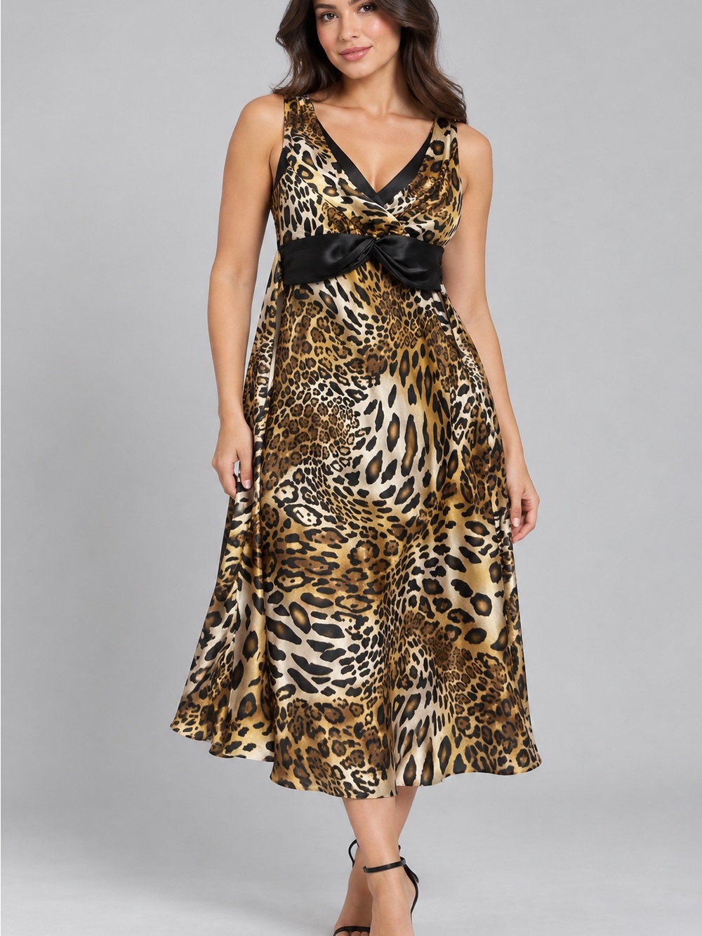 Rabbit Rabbit Rabbit Leopard Print Satin Midi Dress with Black Bow